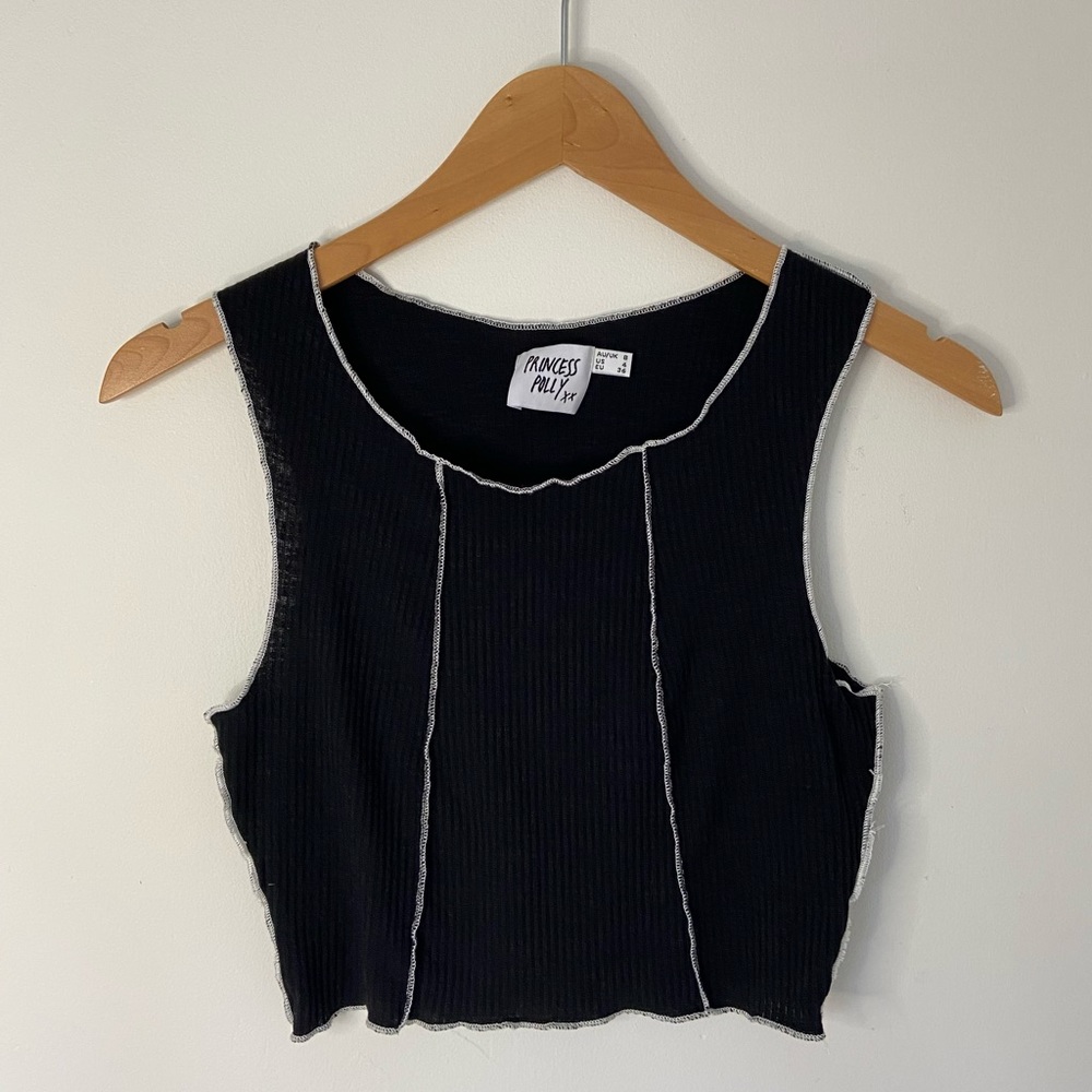 Princess Polly Black Crop Top with White Seams